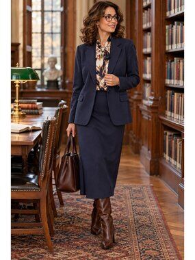 Vintage 90s Pendleton Navy Blue Wool Midi Skirt Suit Womens 16 Blazer EUC
